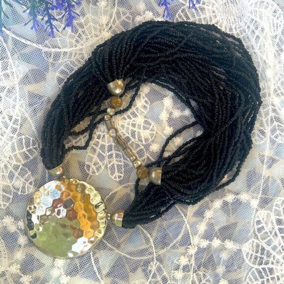 Vintage Multi-strand Tibetan/Nepalese Black Onyx Stone Bead Necklace - Picture 2 of 12